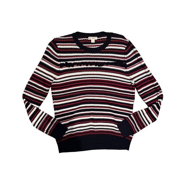 Brooks Brothers Red Fleece Sweater Women’s L Red White Black Striped Knit Ruffle - Picture 2 of 11